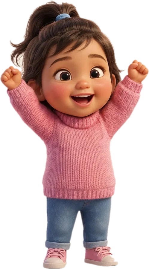 Kristina in her pink sweater, arms up and cheering