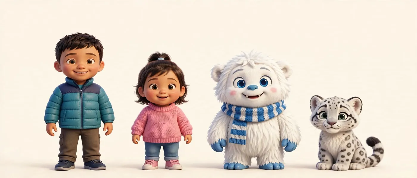 Alex, Kristina, Kuhiro and a snow leopard cub standing side by side
